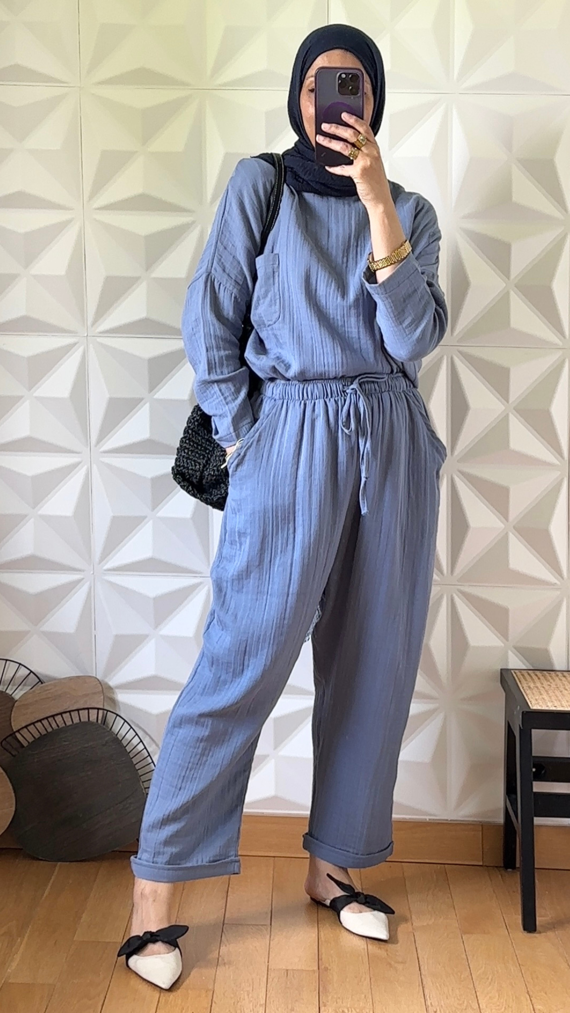 Ensemble pantalon et tunique oversize en gaze - Bleu ardoise