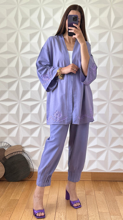 Ensemble kimono brodé et pantalon surpiqué en lin - Lilas