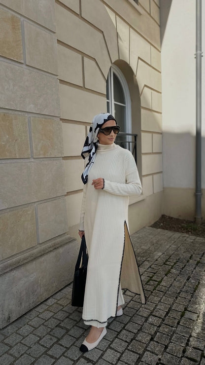 Ensemble Robe pull avec point de feston et pantalon en maille côtelée - Crème