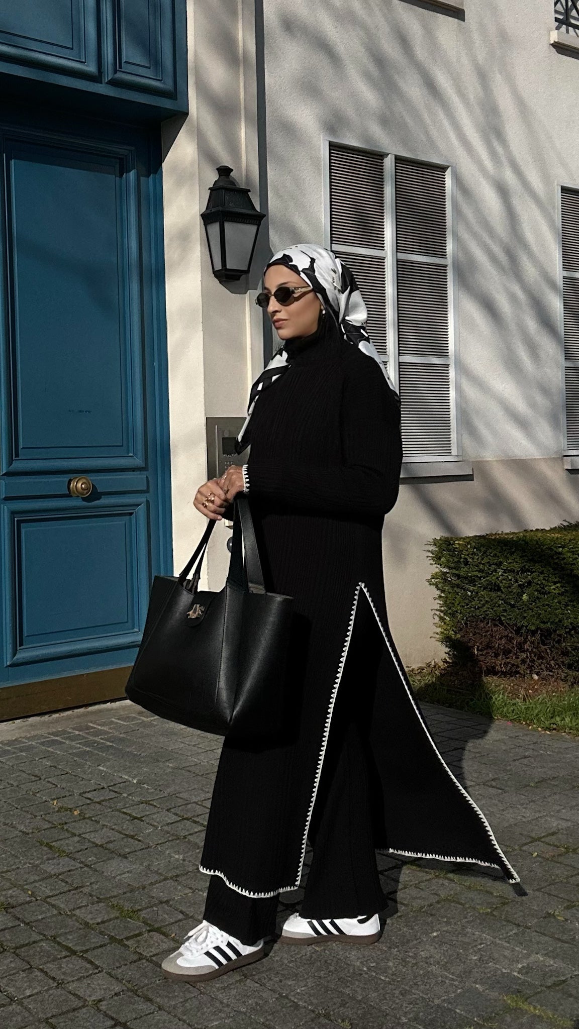 Ensemble Robe pull avec point de feston et pantalon en maille côtelée - Noir