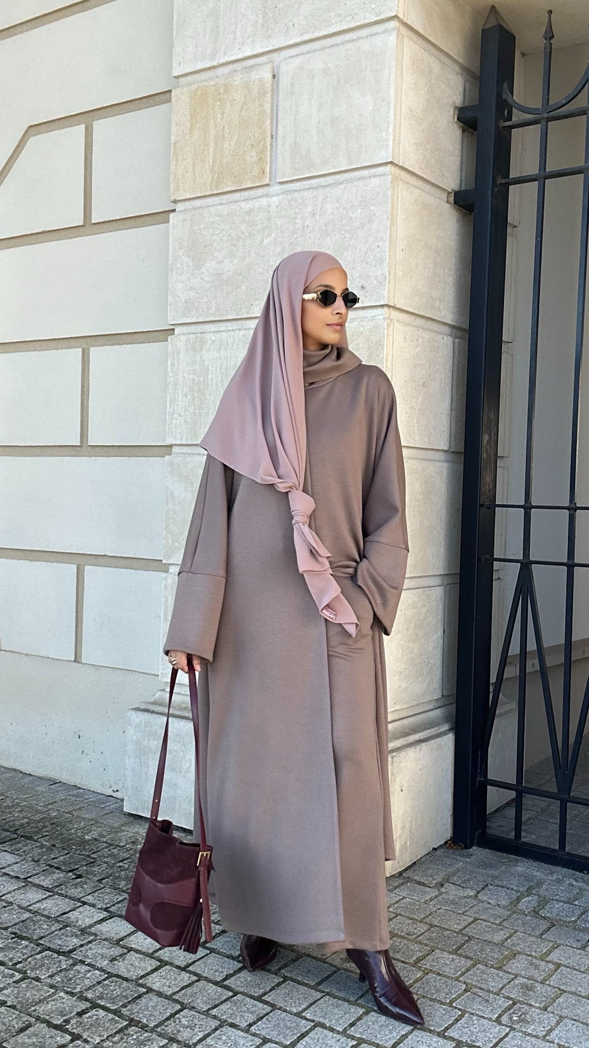 Ensemble pantalon large et robe caftan à col roulé - Marron rose