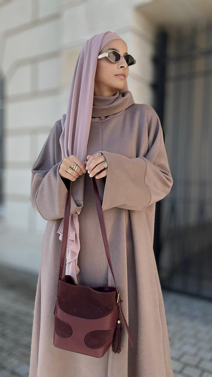 Ensemble pantalon large et robe caftan à col roulé - Marron rose