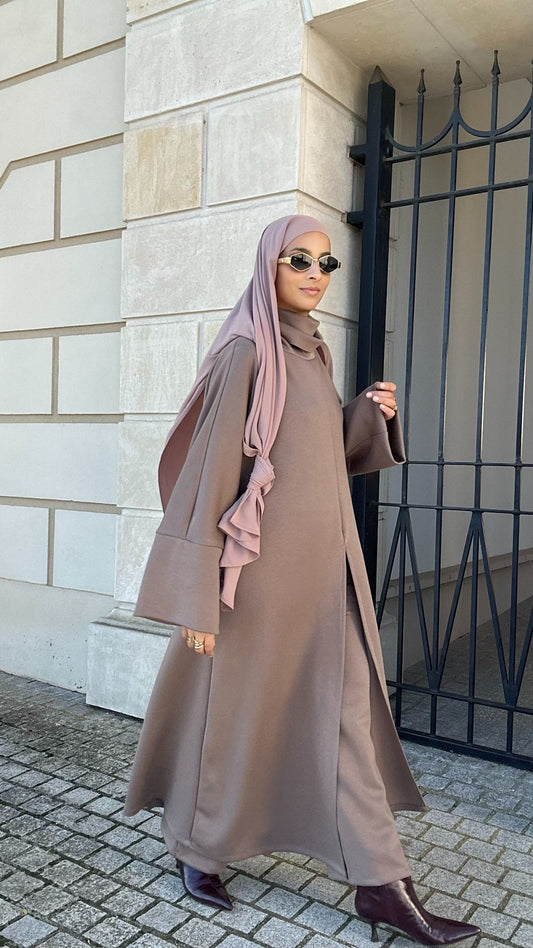 Ensemble pantalon large et robe caftan à col roulé - Marron rose