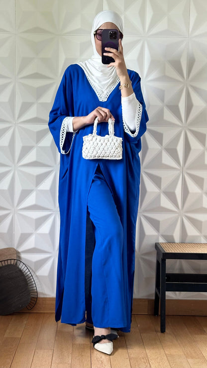 Ensemble robe caftan fondue devant et pantalon large - Bleu de cobalt