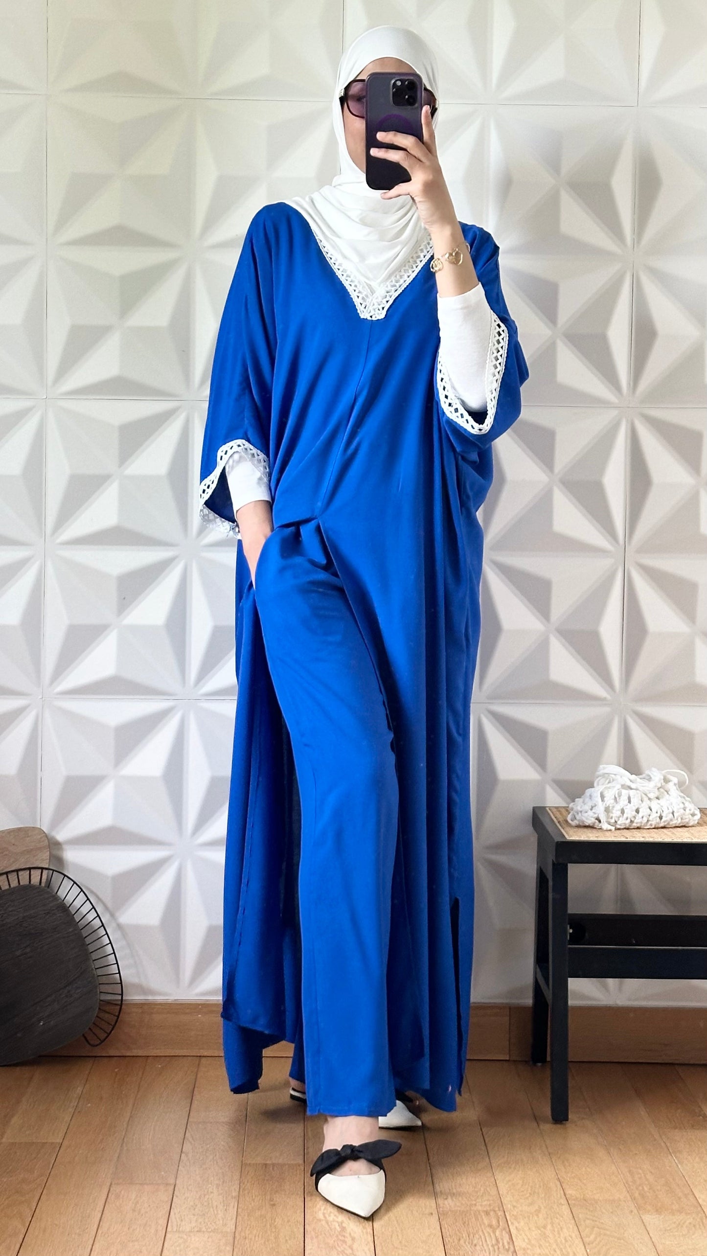 Ensemble robe caftan fondue devant et pantalon large - Bleu de cobalt