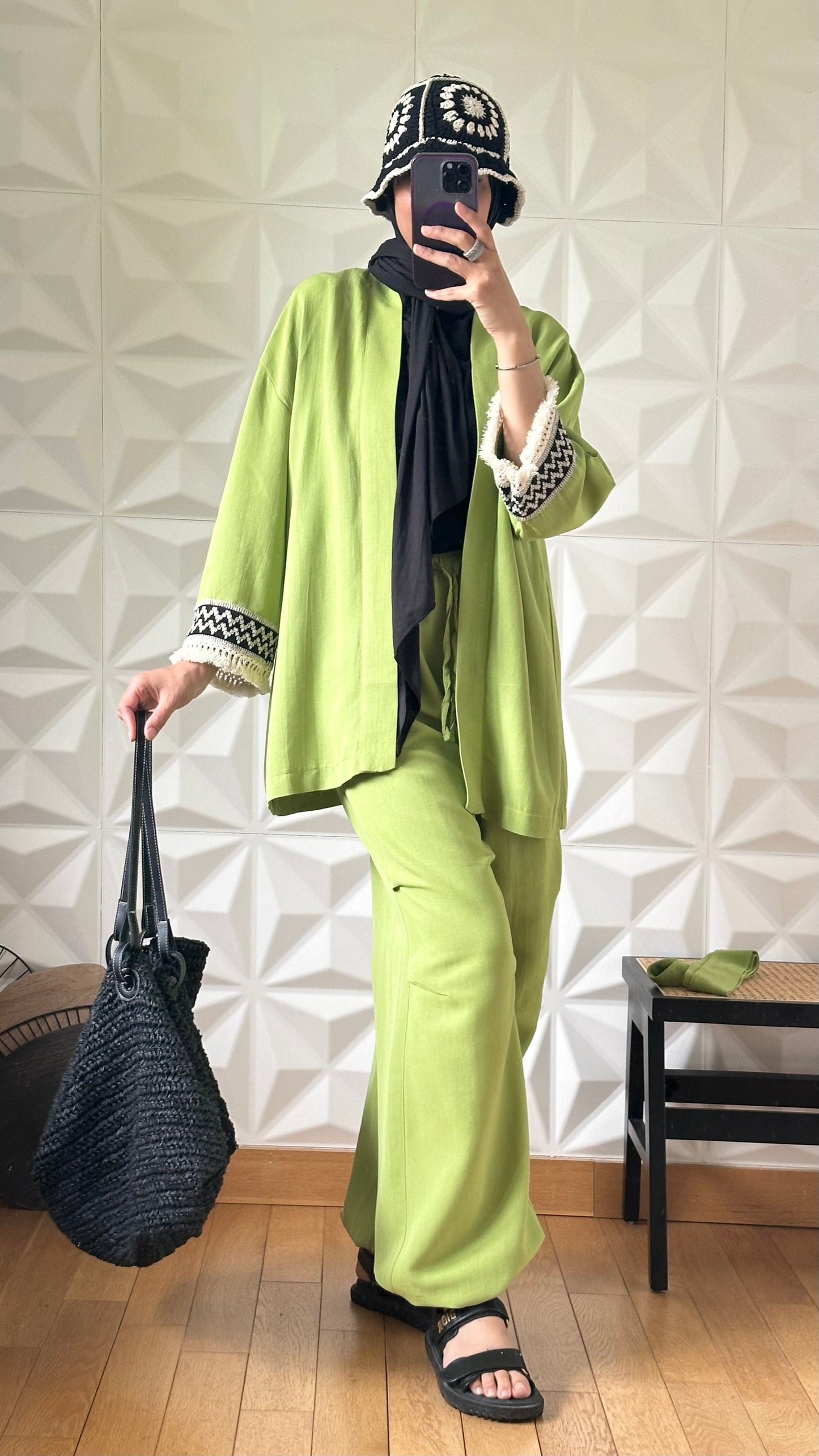 Ensemble Pantalon bouffant et Kimono en Lin avec broderie tribal - Chartreuse