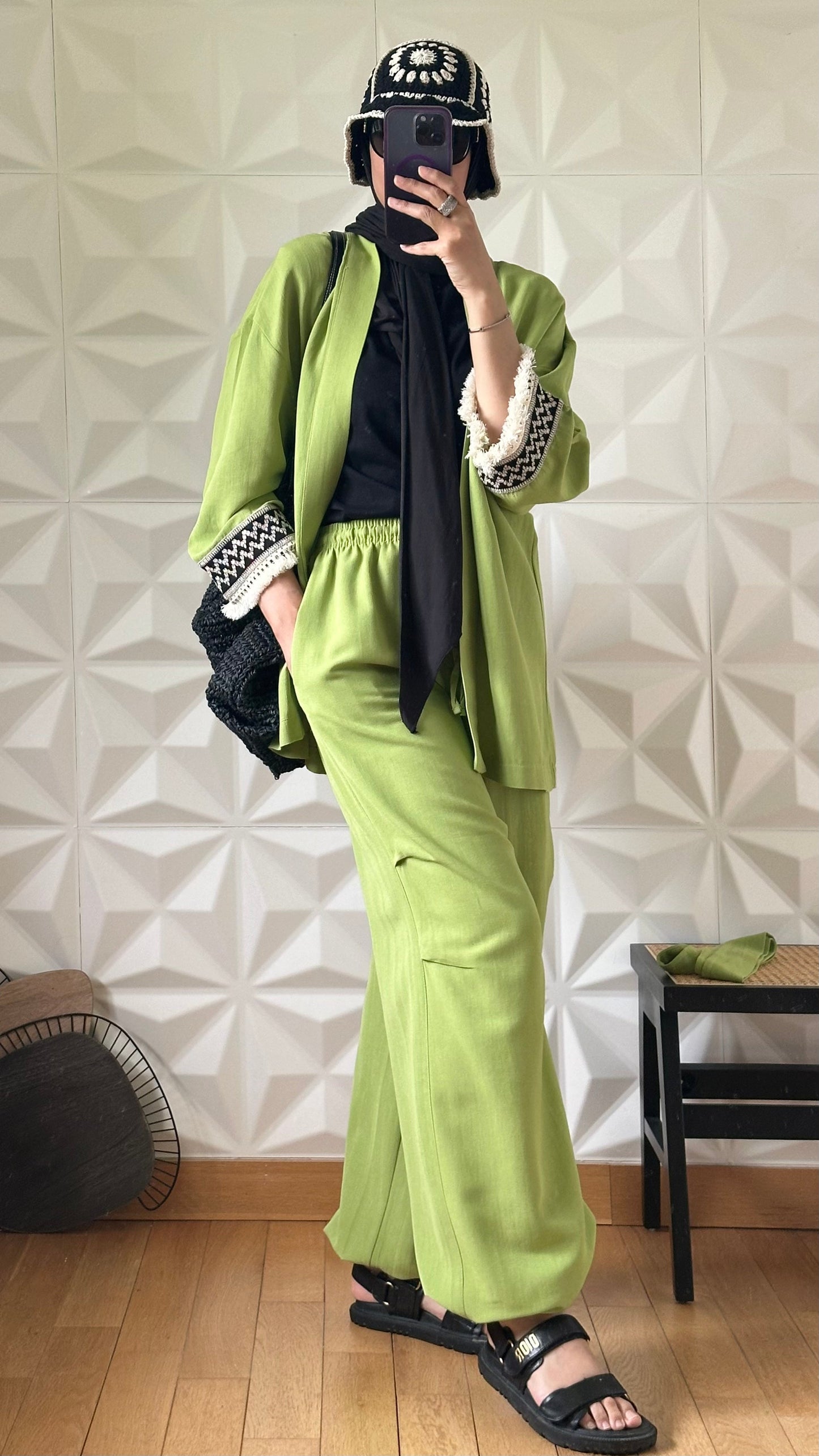 Ensemble Pantalon bouffant et Kimono en Lin avec broderie tribal - Chartreuse