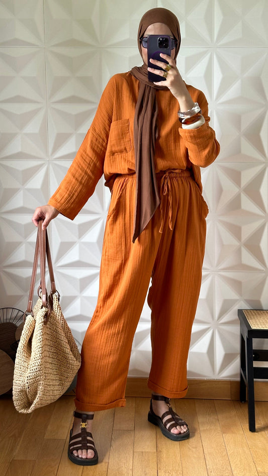 Ensemble pantalon et tunique oversize en gaze - Orange brûlé
