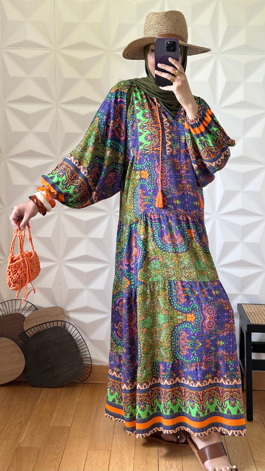Robe babydoll avec manches bouffantes style années 70- Orange