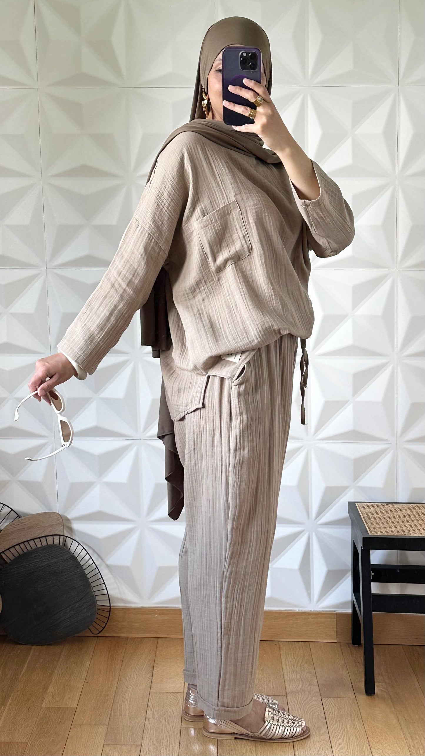 Ensemble pantalon et tunique oversize en gaze - Taupe