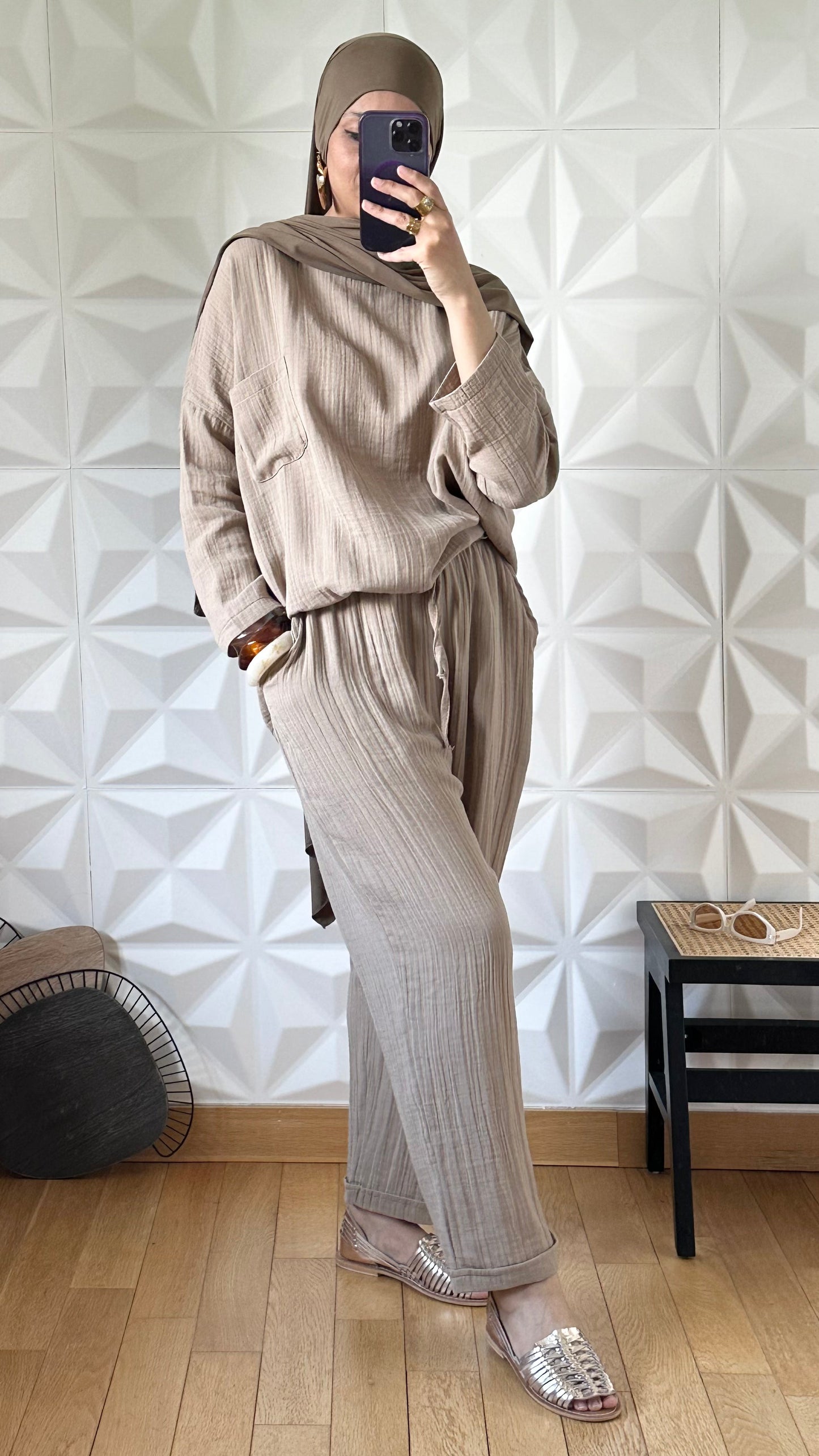 Ensemble pantalon et tunique oversize en gaze - Taupe