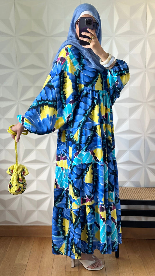 Robe babydoll à motif abstrait avec manches bouffantes - Bleu et Jaune