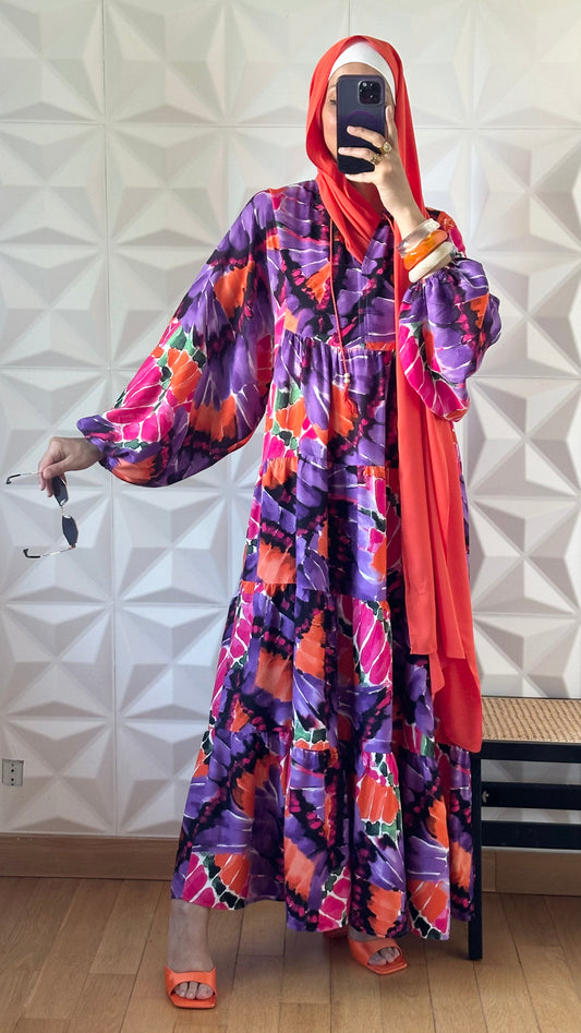 Robe babydoll à motif abstrait avec manches bouffantes - Orange et Violet