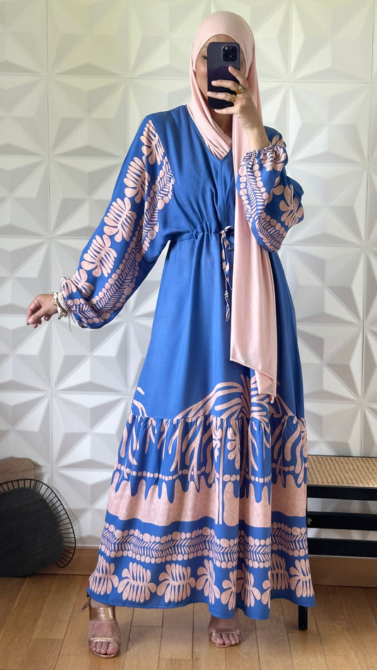 Robe oversize motif olivier en viscose avec taille froncée - Bleu cendré