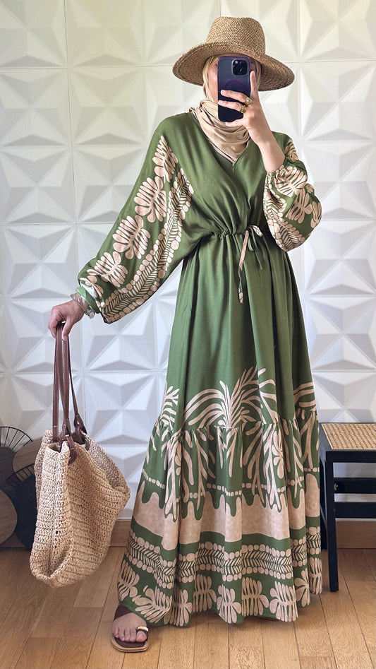 Robe oversize motif olivier en viscose avec taille froncée - Kaki