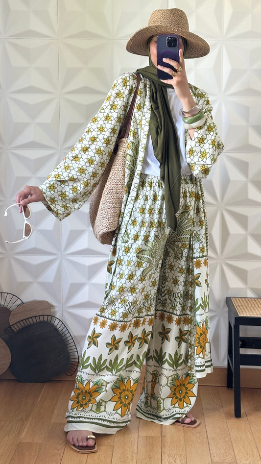 Ensemble kimono long et pantalon large a motif floral - Kaki