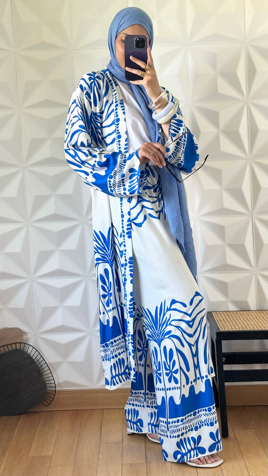 Ensemble kimono long et pantalon large a motif olivier - Bleu