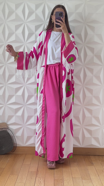 Ensemble Kimono long à manches frangés et pantalon large - Rose