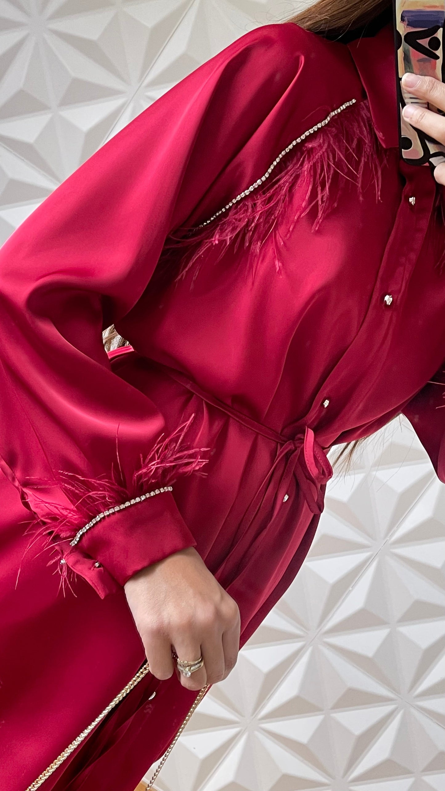 Satin Feather Embellished Shirt &amp; Wide Leg Pants Co-ord - Intense Red